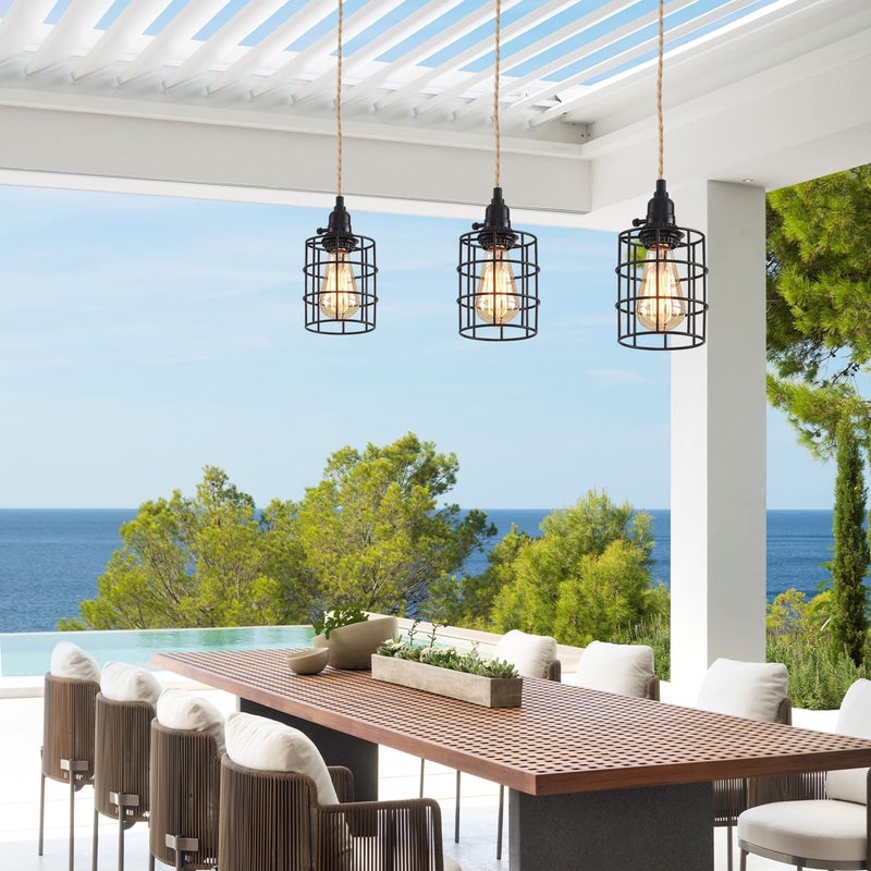 KENMI 3-Light Hanging Light with Plug in Cord,Plug in Pendant Light 22ft Hemp Rope Pendant Lighting Vintage 3-Light Hanging Lamp Fixtures for Kitchen Island Living Room Bedroom - Image 3